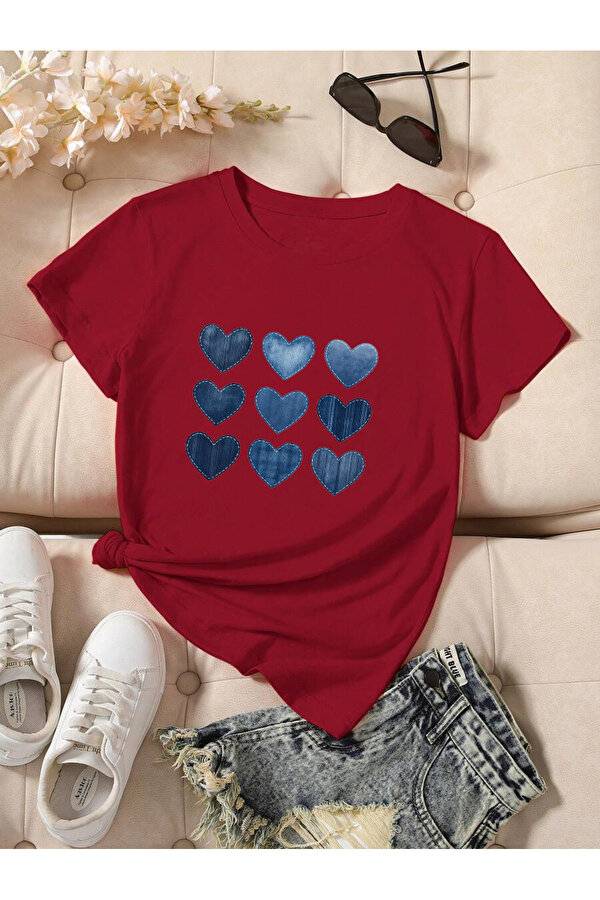 Unisex Jean Desenli Kalp Tasarım Basklı Tshirt - FLO 3 Al 1 Öde