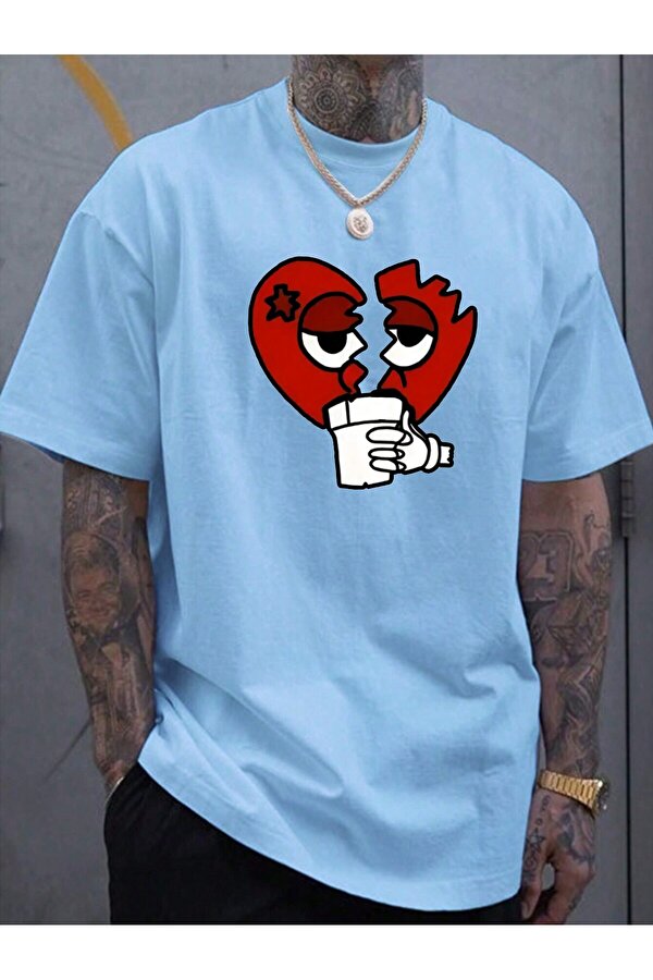 Unisex Kırık Kalp bardak Baskılı Oversize Tshirt - FLO 3 Al 1 Öde