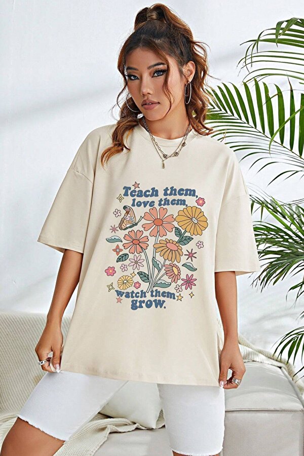 Unisex Flowers Baskılı Oversize Tshirt - 3 Al 1 Öde