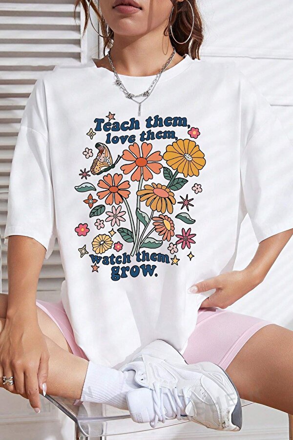 Unisex Flowers Baskılı Oversize Tshirt - FLO 3 Al 1 Öde