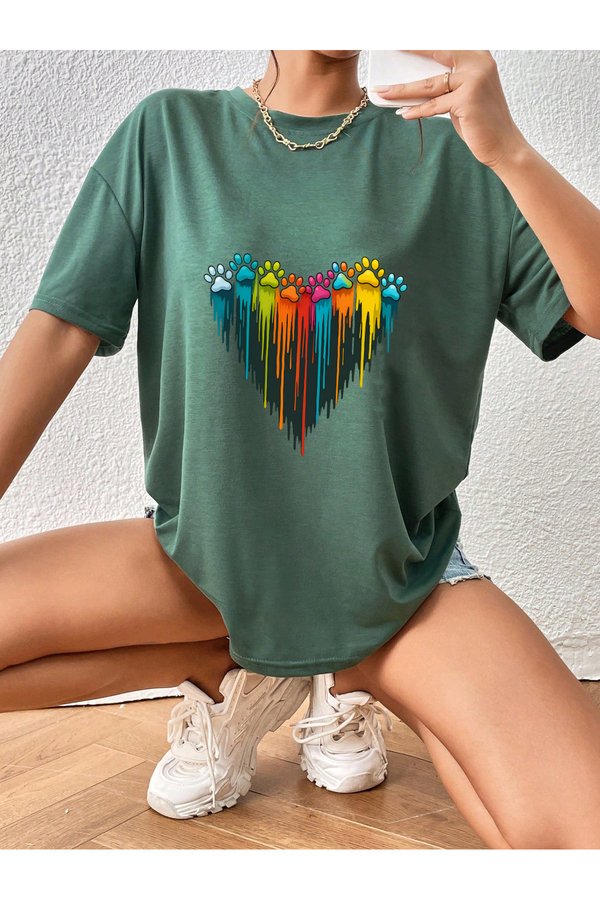 Unisex Sevimli Kedi Patili Kalp Tasarım Basklı Tshirt - FLO 3 Al 1 Öde