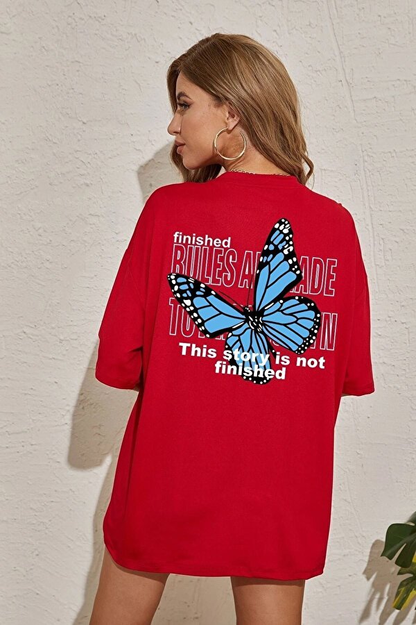 Unisex Kırmızı Sırt Kelebek Baskılı T-shirt - 3 Al 1 Öde