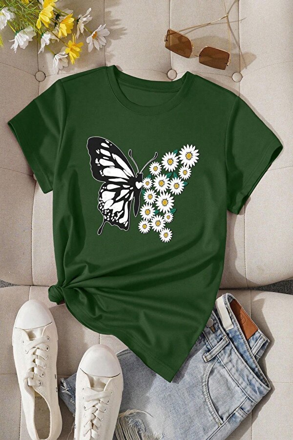 Pamuklu Papatya Kelebek Tasarım Tshirt - FLO 3 Al 1 Öde