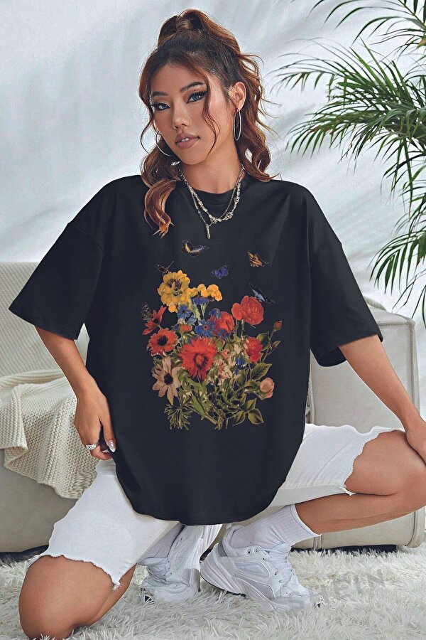Unisex Flowers Baskılı Oversize Tshirt - 3 Al 1 Öde