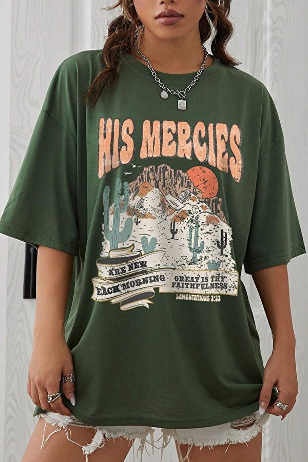 Unisex His Mercies Baskılı Oversize Tshirt - 3 Al 1 Öde