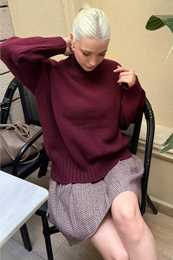 Madmext Bordo Boğazlı Kadın Triko Kazak Mg2535