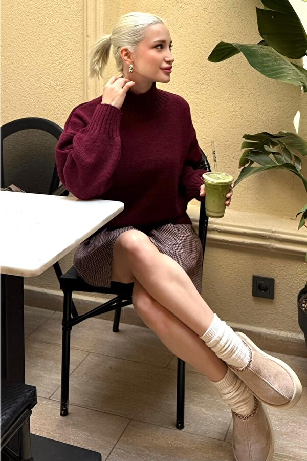 Madmext Bordo Boğazlı Kadın Triko Kazak Mg2535