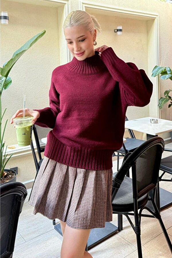 Madmext Bordo Boğazlı Kadın Triko Kazak Mg2535