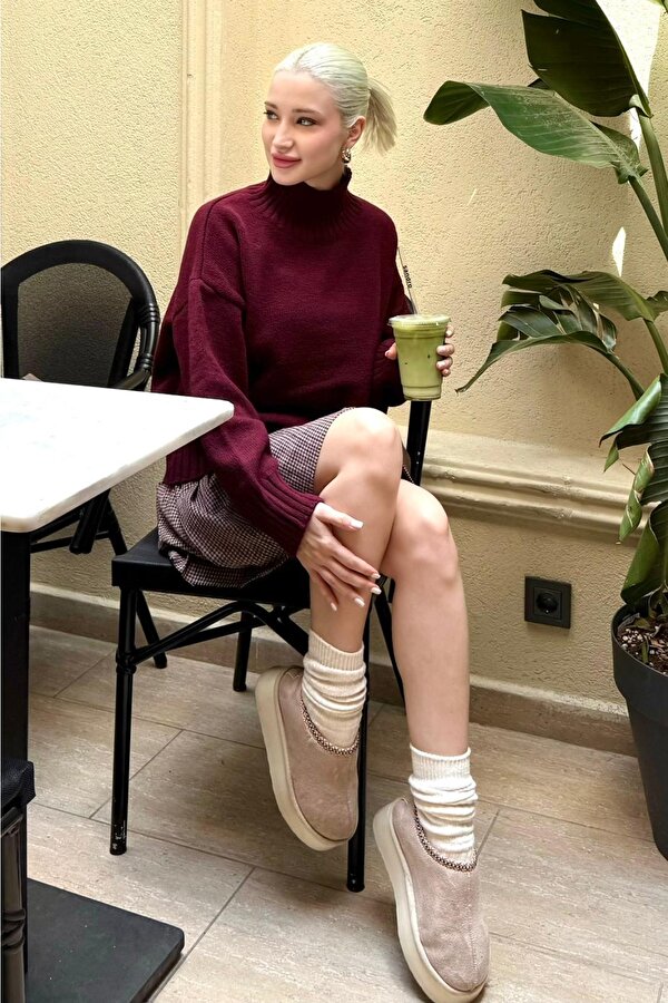 Madmext Bordo Boğazlı Kadın Triko Kazak Mg2535