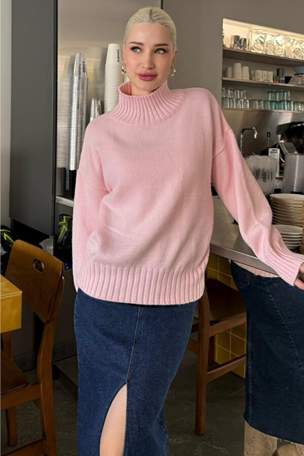 Madmext Pembe Boğazlı Kadın Triko Kazak Mg2535