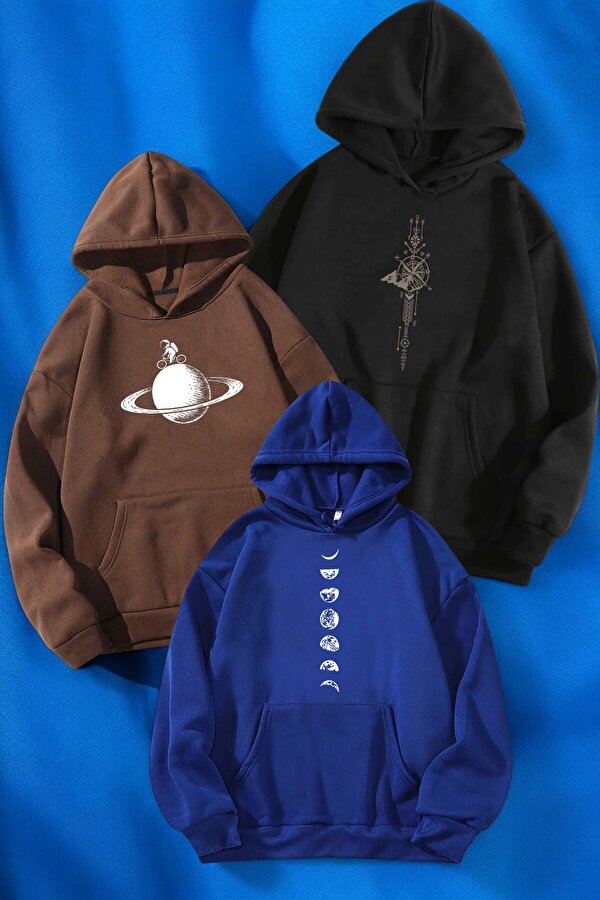 3'lu Paket Baskılı Oversize Unisex Sweatshirt