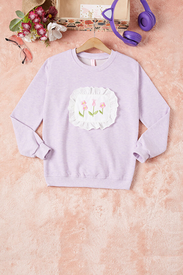 Cansın Mini Lila Dantelli Lale Nakışlı Kız Çocuk Sweatshirt 16768