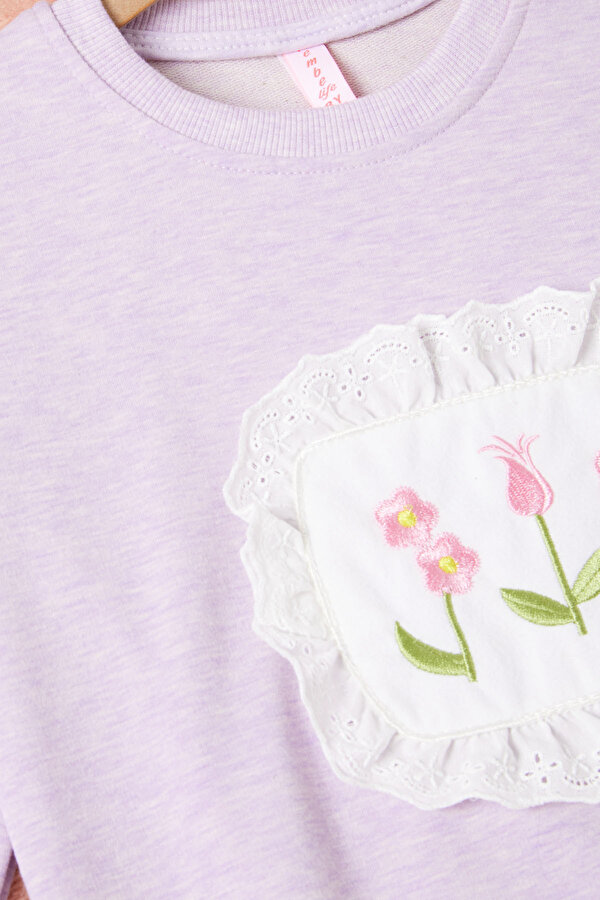Cansın Mini Lila Dantelli Lale Nakışlı Kız Çocuk Sweatshirt 16768