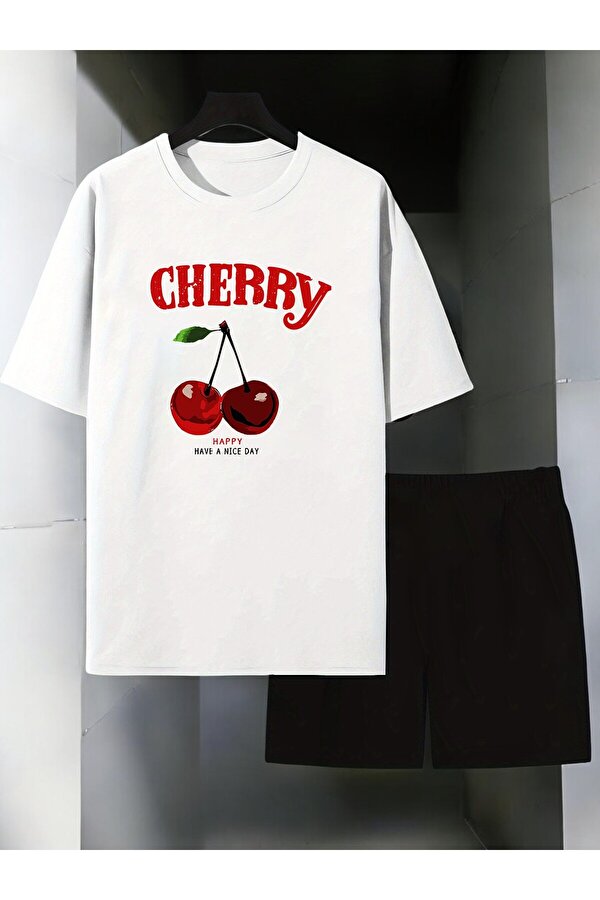 uyguntarz Unisex Happy Cherry Baskılı Tasarım Şort Takım