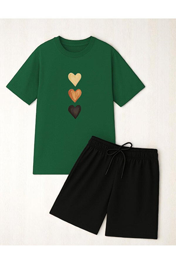 uyguntarz Unisex 3 Kalp Baskılı Tasarım Şort Takım