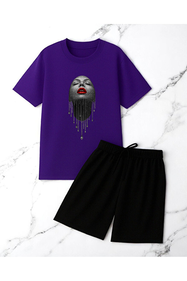 uyguntarz Unisex Pırlantalı Kadın Portresi Tasarım Basklı Tshirt Şort Takımı