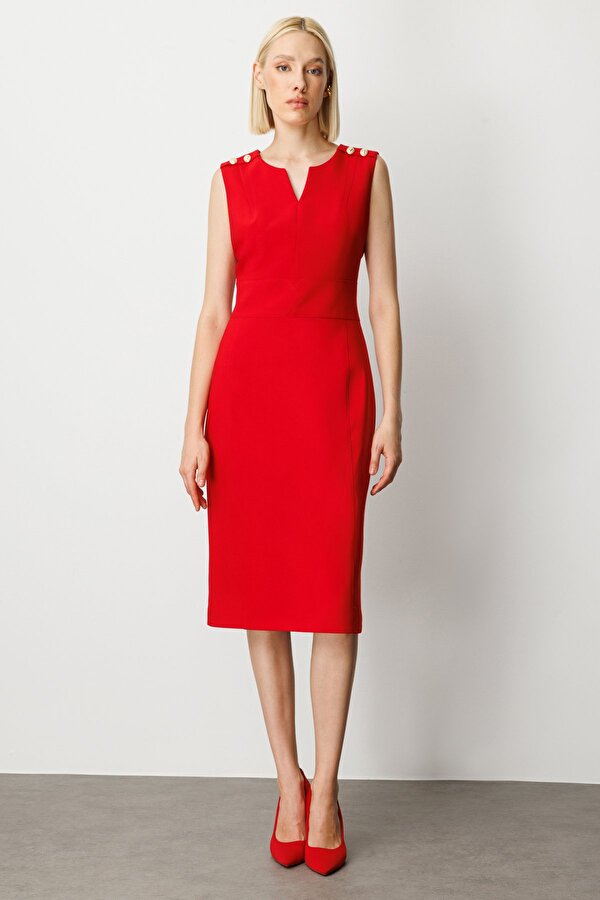 Ekol Kadın Süs Düğme Detaylı Kolsuz Elbise 4015 Kırmızı