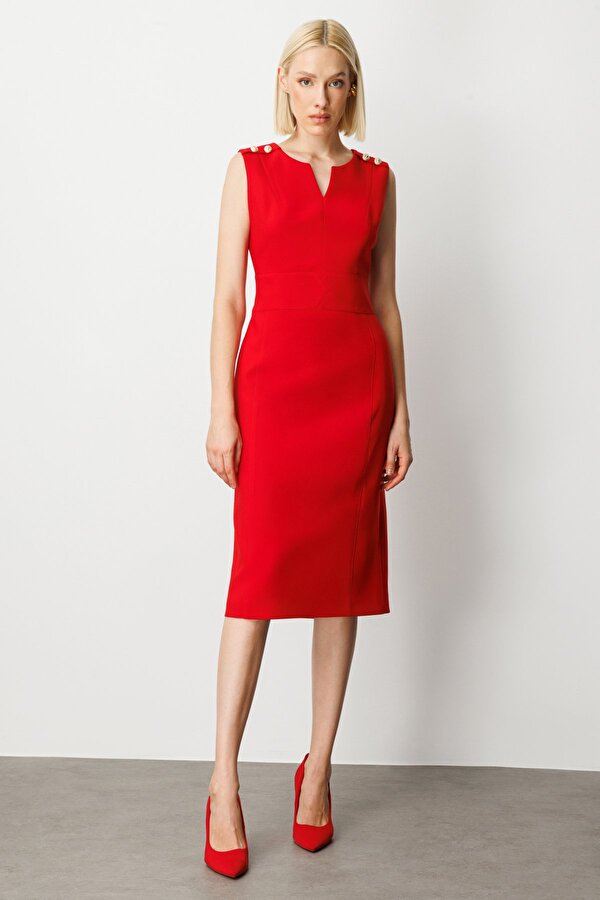 Ekol Kadın Süs Düğme Detaylı Kolsuz Elbise 4015 Kırmızı