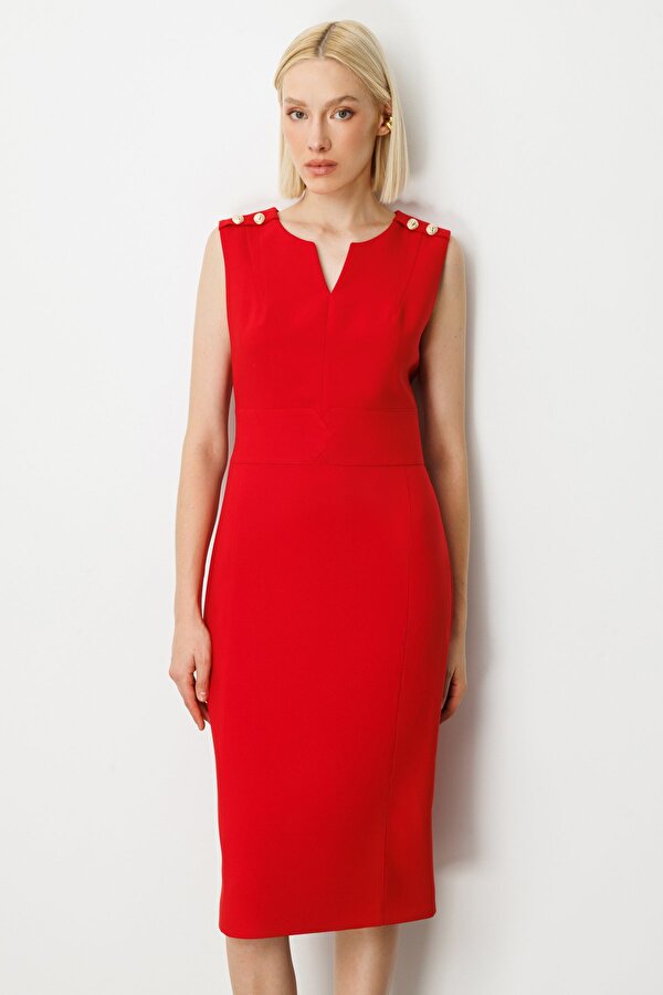 Ekol Kadın Süs Düğme Detaylı Kolsuz Elbise 4015 Kırmızı