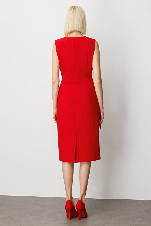 Ekol Kadın Süs Düğme Detaylı Kolsuz Elbise 4015 Kırmızı