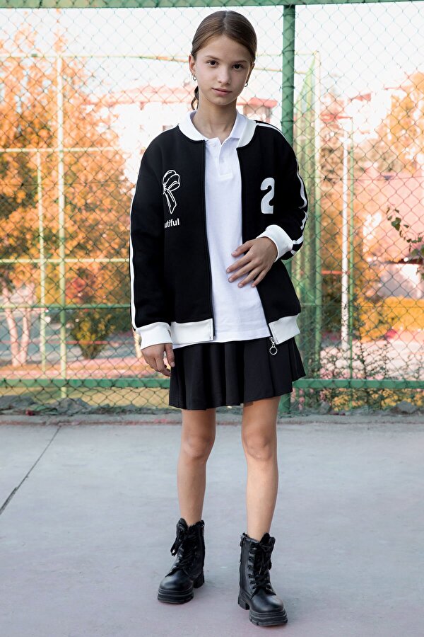 Cansın Mini Siyah Beautifull Yazılı Kolu Şeritli Kız Çocuk Kolej Hırka 21190