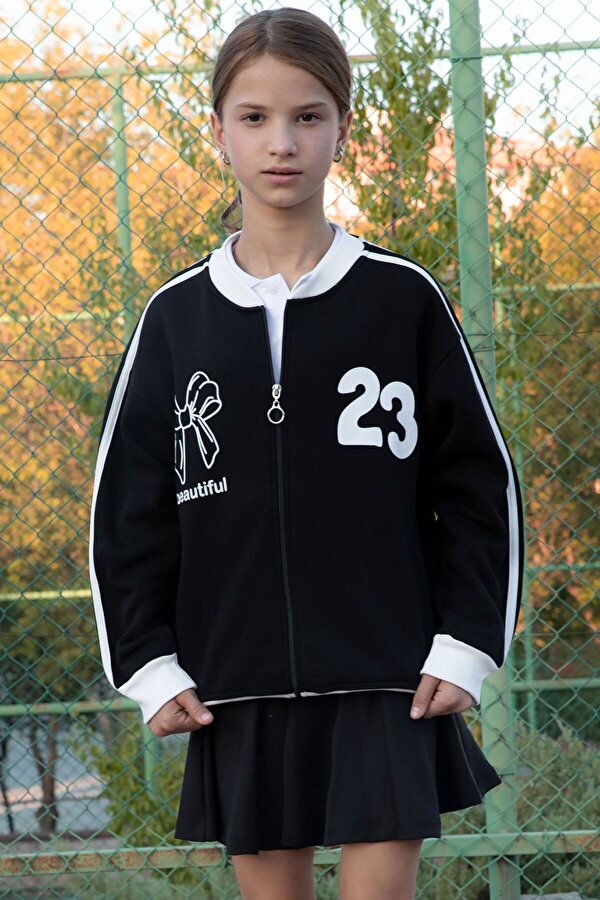 Cansın Mini Siyah Beautifull Yazılı Kolu Şeritli Kız Çocuk Kolej Hırka 21190