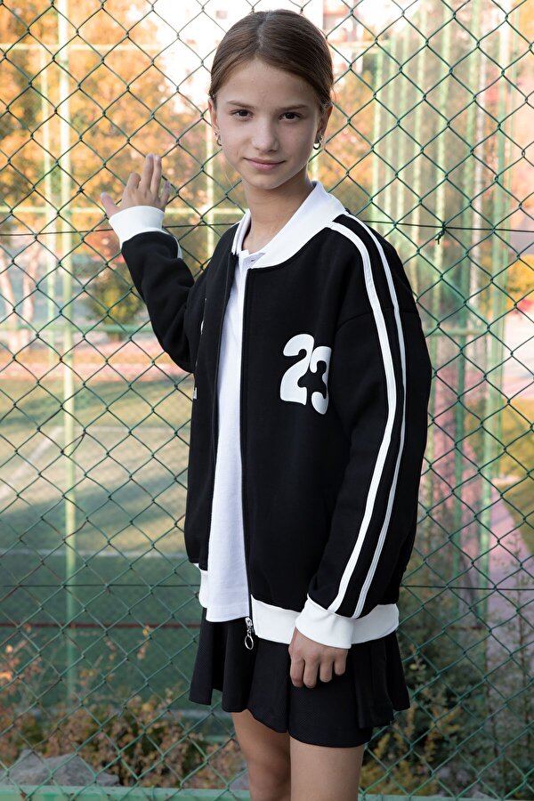 Cansın Mini Siyah Beautifull Yazılı Kolu Şeritli Kız Çocuk Kolej Hırka 21190