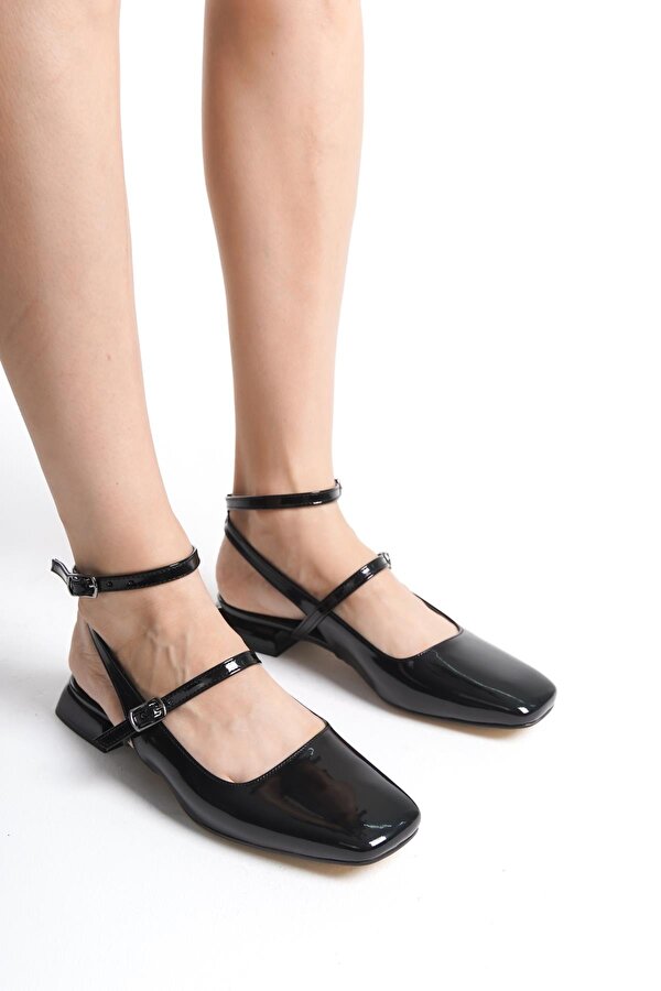 Modabuymuş Atika Siyah Rugan Mary Jane Kısa Topuklu Günlük Ayakkabı