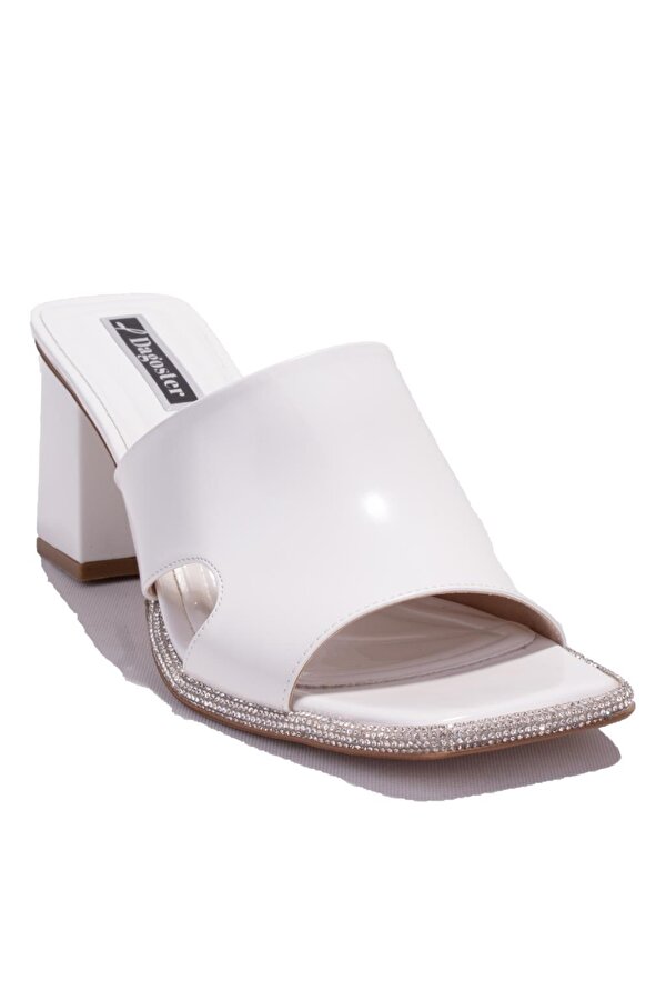 Dagoster DZA07-1136745 Beyaz Rugan Klasik Taşlı Topuklu Kadın Terlik