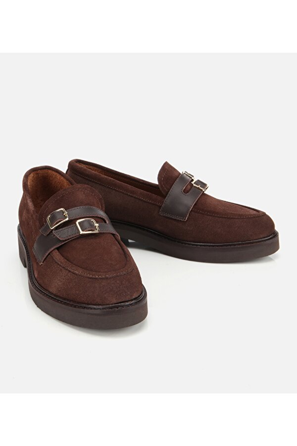 Hotiç Kadın Süet Deri Kahverengi Kemer Detaylı Günlük Loafer