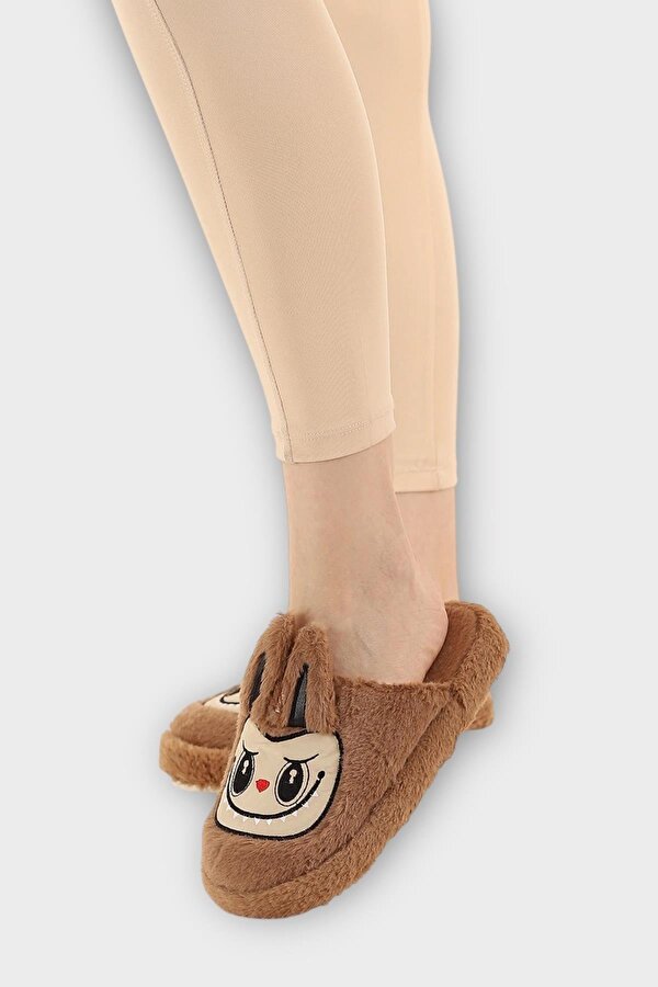 Liger Sevimli Tavşan Figürlü Sıcak Tutan Kışlık Kadın Ev Terliği KAHVERENGİ