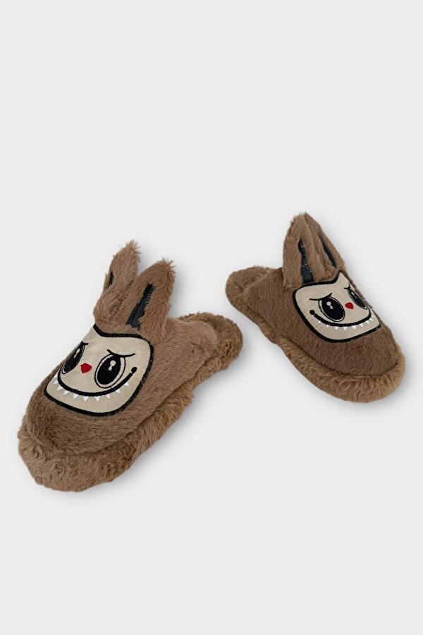 Liger Sevimli Tavşan Figürlü Sıcak Tutan Kışlık Kadın Ev Terliği KAHVERENGİ