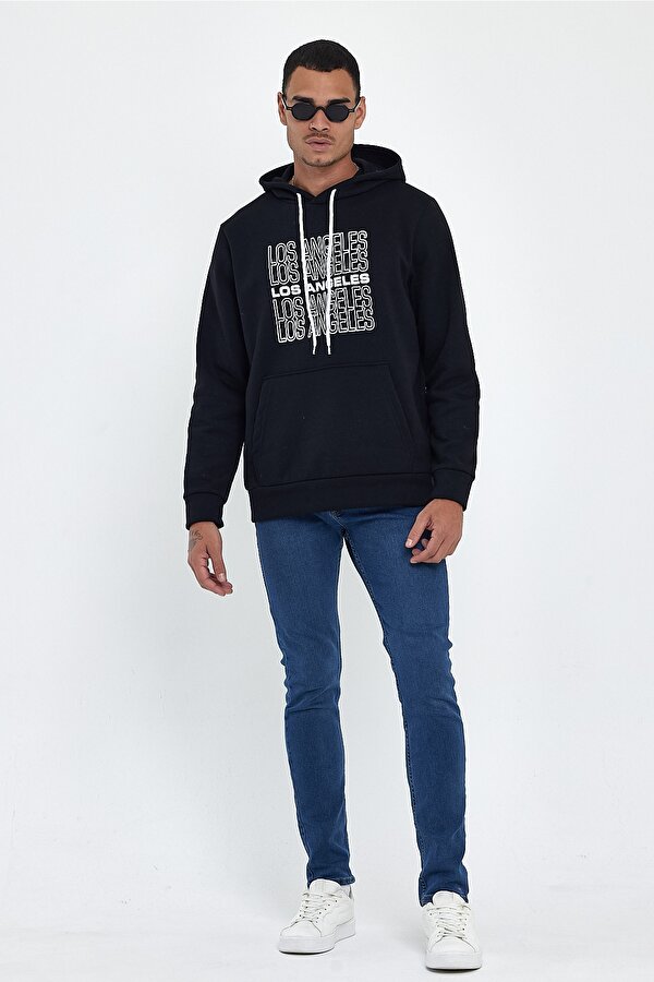 Süperlife Erkek Kapşonlu Rahat Kalıp İçi Polarlı 3 iplik Los Angeles Baskılı SweatShırt spr24sw10