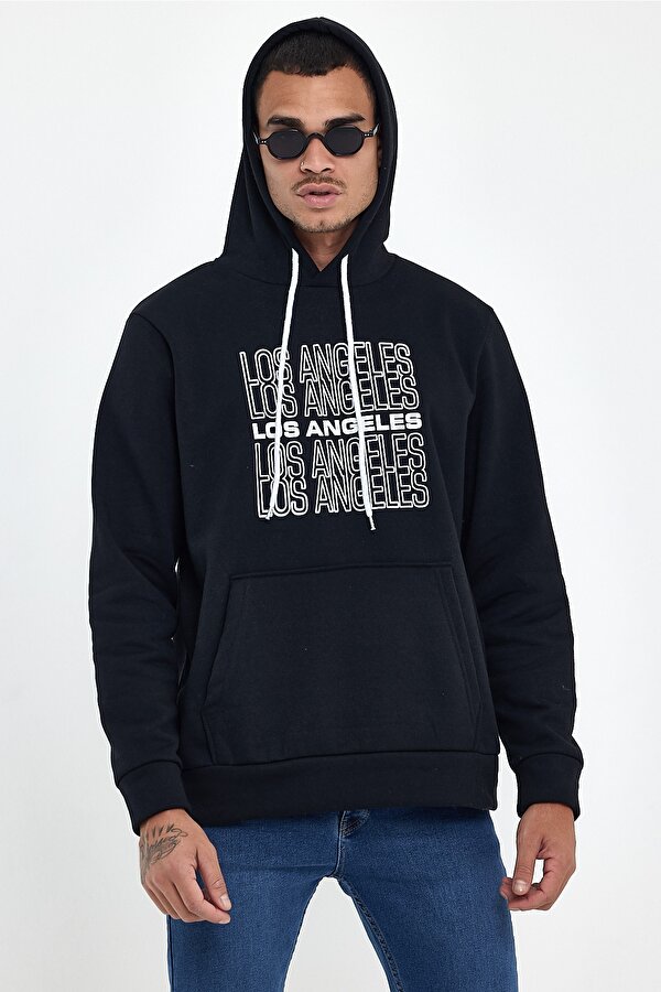 Süperlife Erkek Kapşonlu Rahat Kalıp İçi Polarlı 3 iplik  Los Angeles Baskılı SweatShırt spr24sw10