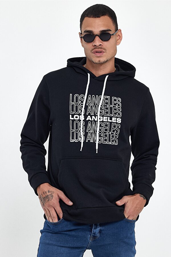 Süperlife Erkek Kapşonlu Rahat Kalıp İçi Polarlı 3 iplik  Los Angeles Baskılı SweatShırt spr24sw10