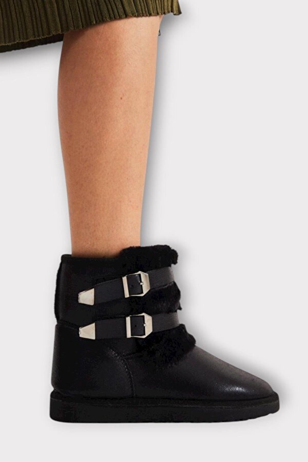 Liger İçi Kürklü Çift Kemerli Kadın Bot SİYAH