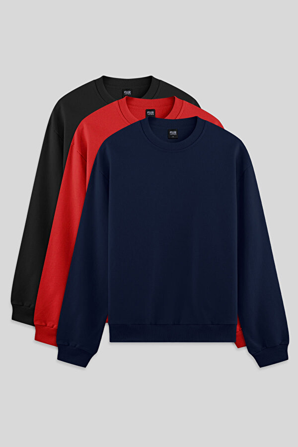 Air Jones Standart Fit Basic O Yaka 3lü Paket Siyah-İndigo-Fiesta Erkek Sweatshirt - 88363