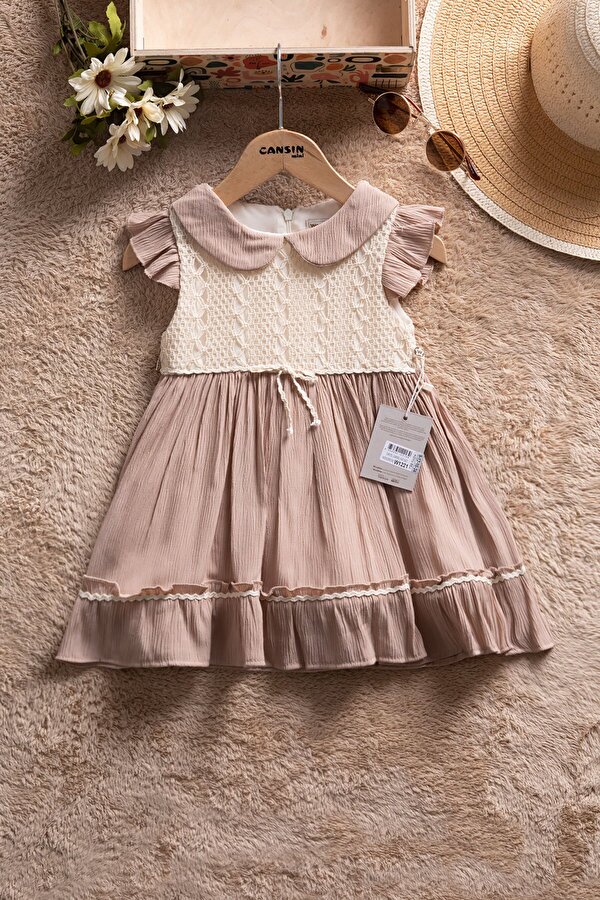 Cansın Mini Kahverengi Kolları Fırfırlı Dantel İşlemeli Kız Bebek Elbise 22656