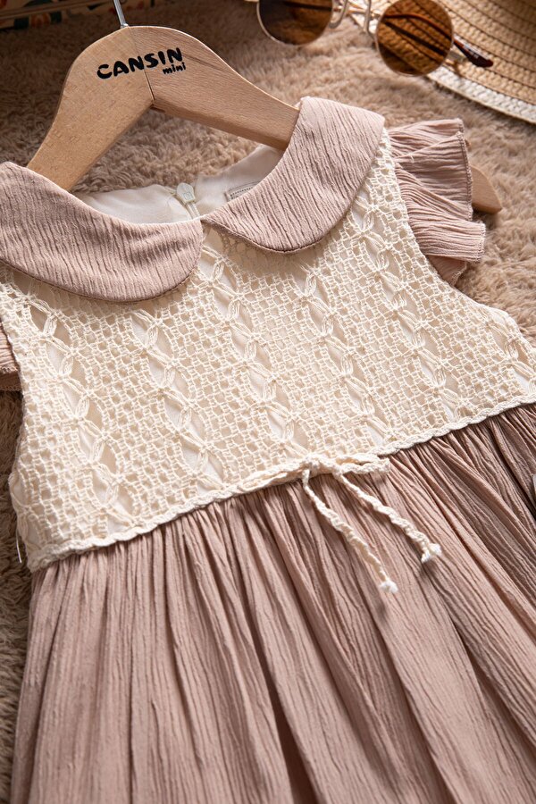 Cansın Mini Kahverengi Kolları Fırfırlı Dantel İşlemeli Kız Bebek Elbise  22656