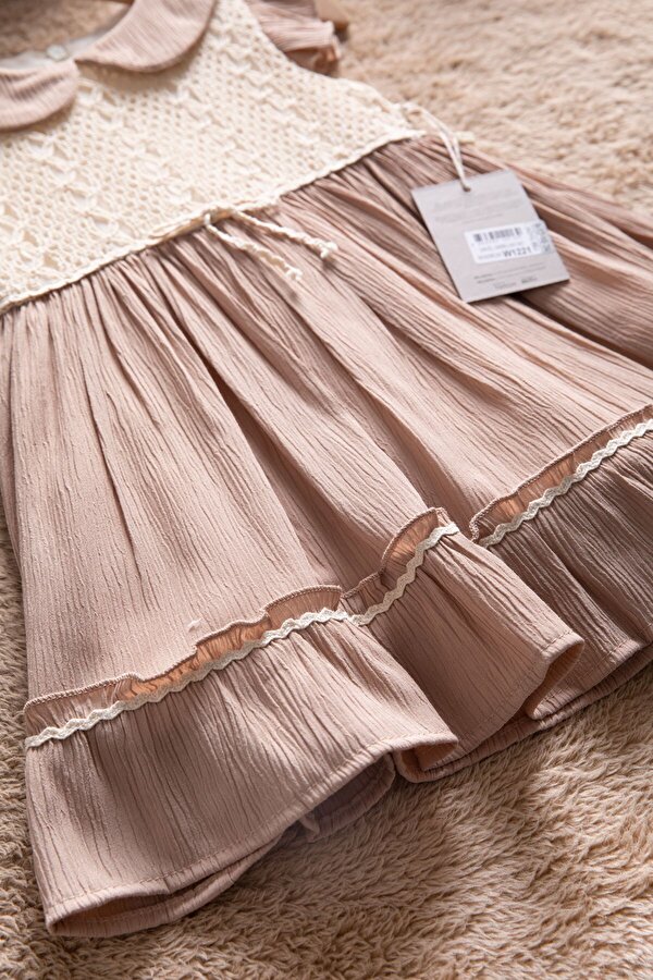 Cansın Mini Kahverengi Kolları Fırfırlı Dantel İşlemeli Kız Bebek Elbise  22656