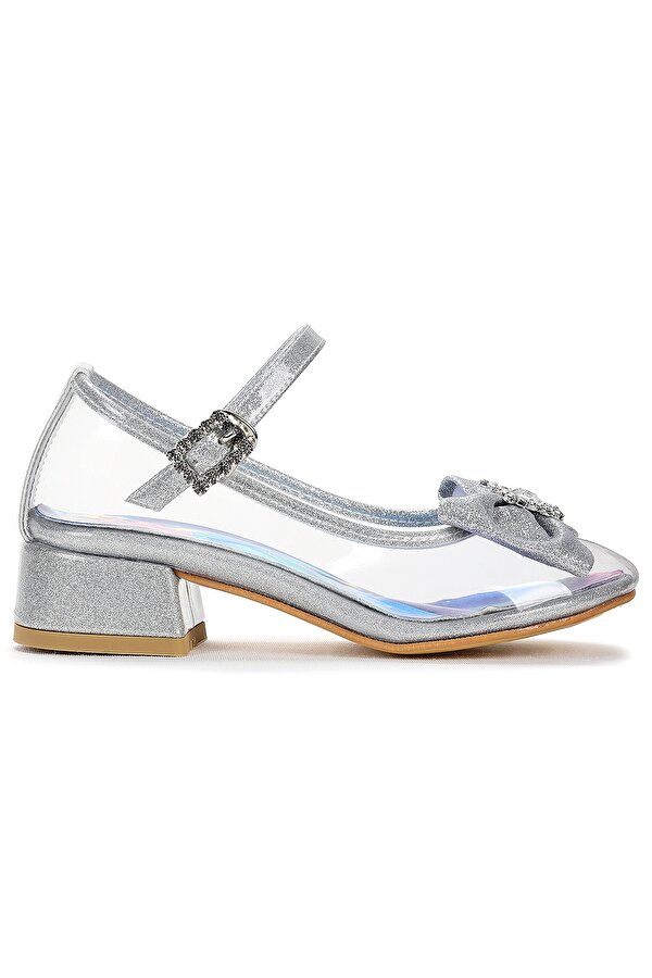 Kiko Kids Asel Kız Çocuk Simli Topuklu Abiye Şeffaf Ayakkabı Gümüş