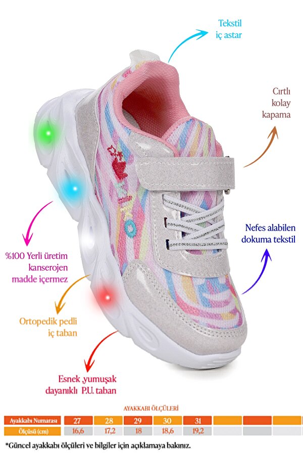 Kiko Kids Teno Cırtlı Işıklı Kız Çocuk Spor Ayakkabı Beyaz
