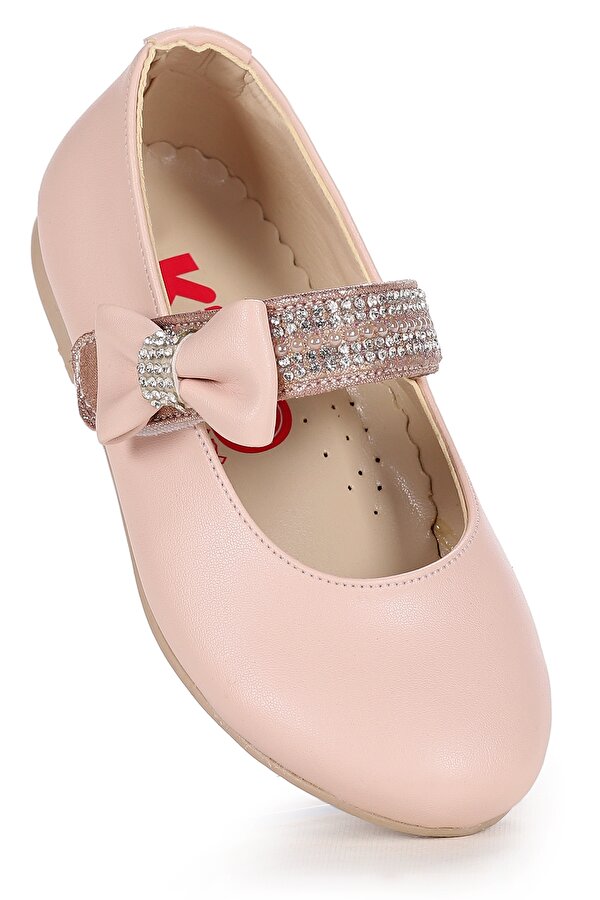 Kiko Kids Cerry Cilt Cırtlı Kız Çocuk Taşlı Babet Ayakkabı Pudra