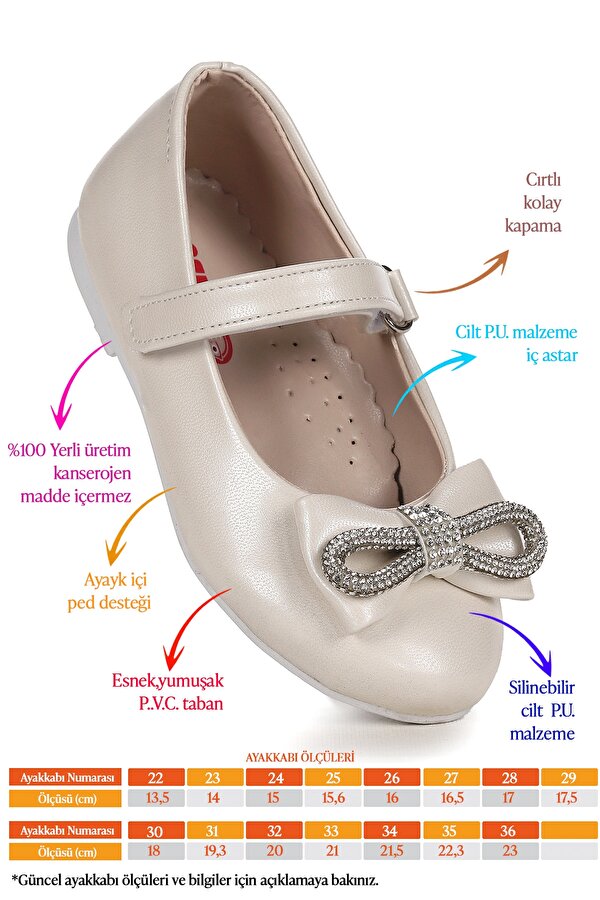 Kiko Kids Bowtie Papyon Taşlı Cırtlı Kız Çocuk Babet Ayakkabı Sedef