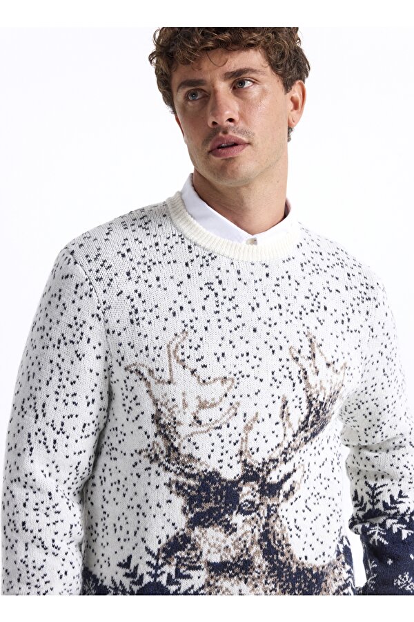 Fabrika Bisiklet Yaka Slim Fit Desenli Kırık Beyaz Erkek Kazak F5WM-KZK 2540