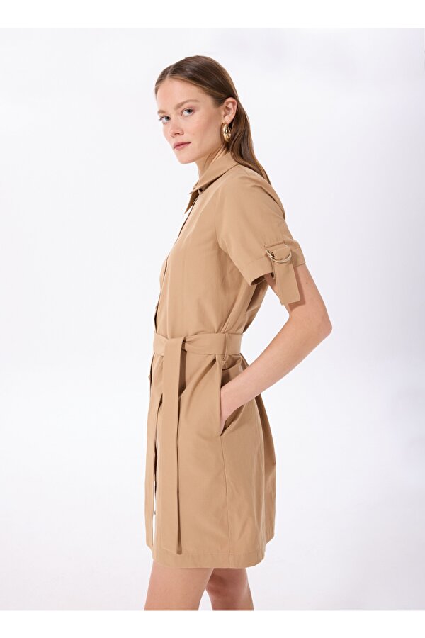 Fabrika Gömlek Yaka Düz Bej Kısa Kadın Elbise F5SL-ELB0153