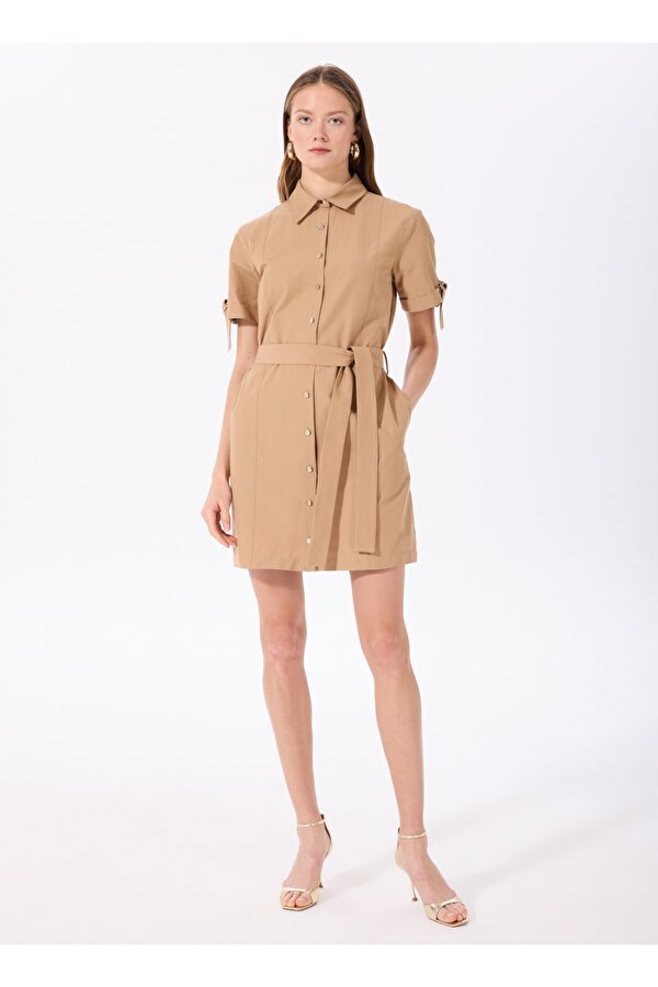 Fabrika Gömlek Yaka Düz Bej Kısa Kadın Elbise F5SL-ELB0153