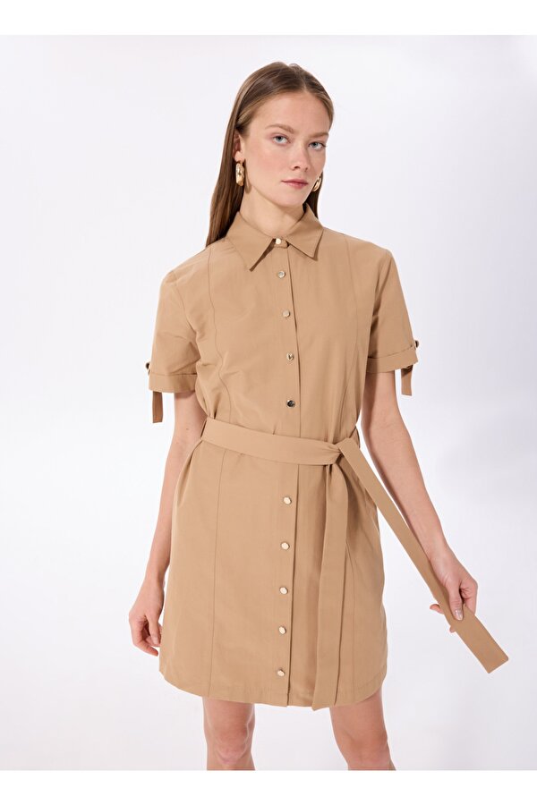 Fabrika Gömlek Yaka Düz Bej Kısa Kadın Elbise F5SL-ELB0153