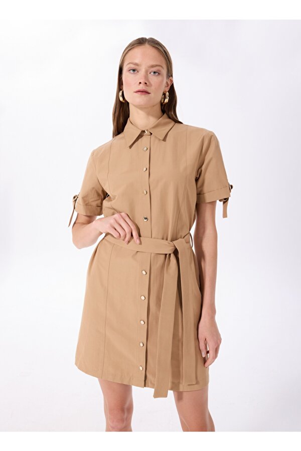 Fabrika Gömlek Yaka Düz Bej Kısa Kadın Elbise F5SL-ELB0153