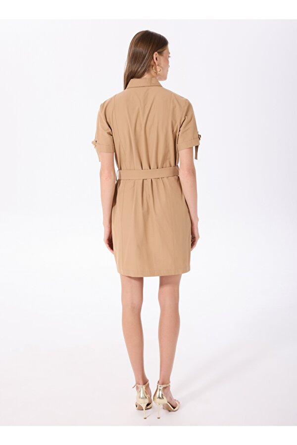 Fabrika Gömlek Yaka Düz Bej Kısa Kadın Elbise F5SL-ELB0153